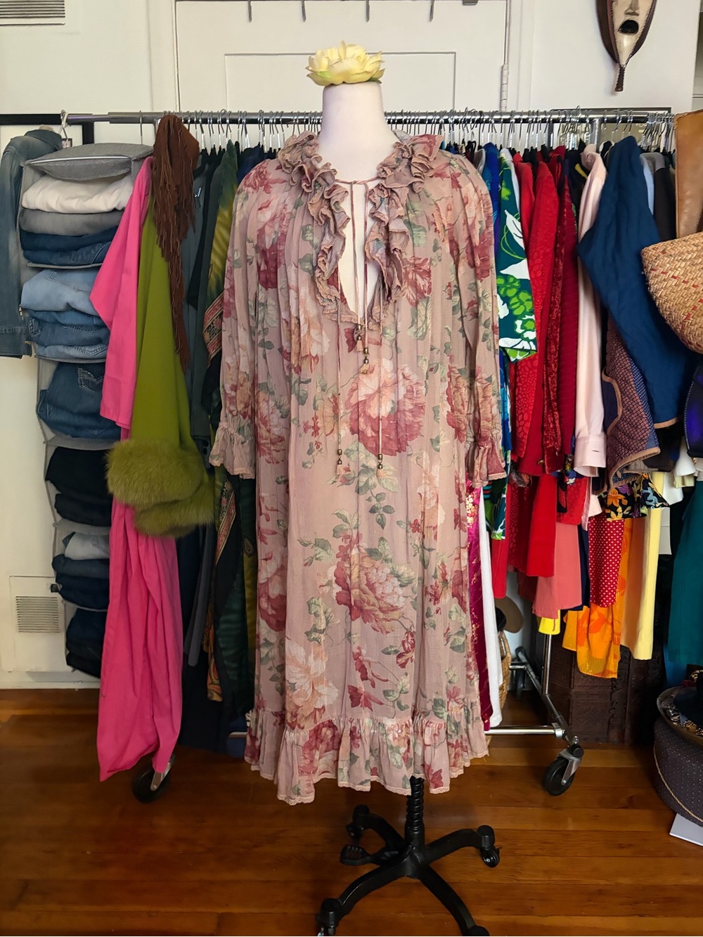 ZIMMERMANN Sheer Floral Ruffle Tie-Neck Midi Dress in Blush Pink
